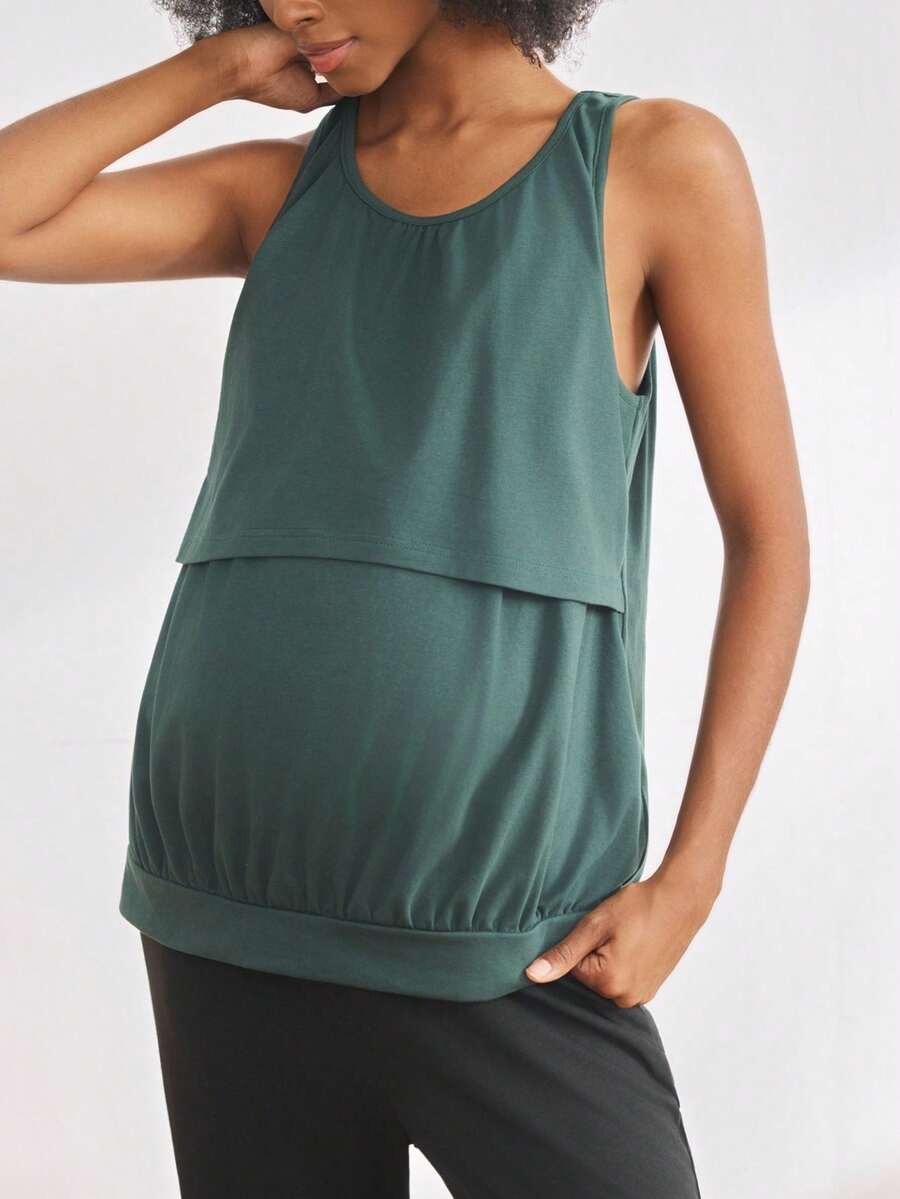 Maternity Solid Color Sleeveless Camisole - Casual Round Neck Pregnancy Top