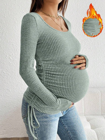 Maternity Drawstring Nursing Top - Square Neck, Long Sleeve, Slim Fit, High Stretch, White