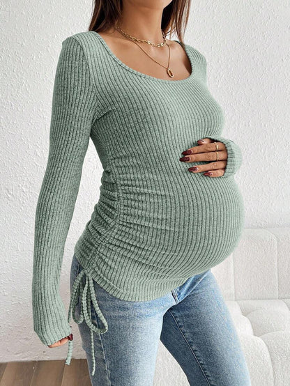 Maternity Drawstring Nursing Top - Square Neck, Long Sleeve, Slim Fit, High Stretch, White