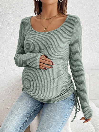 Maternity Drawstring Nursing Top - Square Neck, Long Sleeve, Slim Fit, High Stretch, White