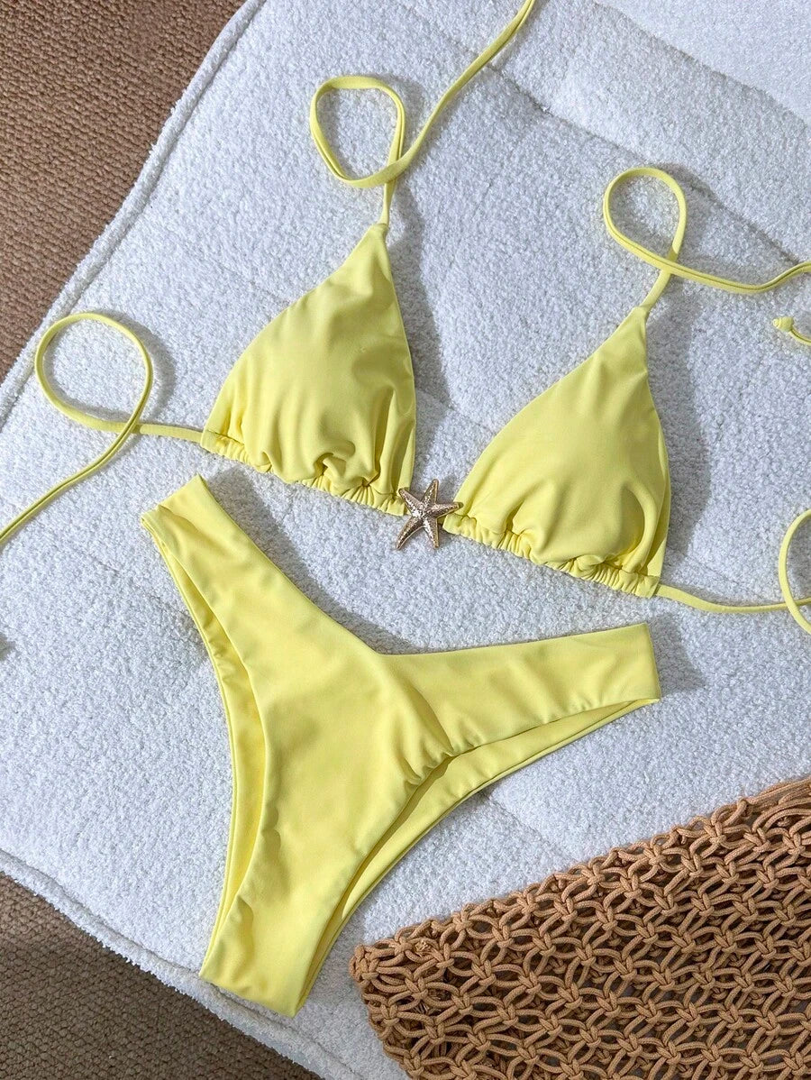 Swim Vcay Women's Solid Color Spaghetti Strap Metal Decor Sexy Bikini Set, Summer