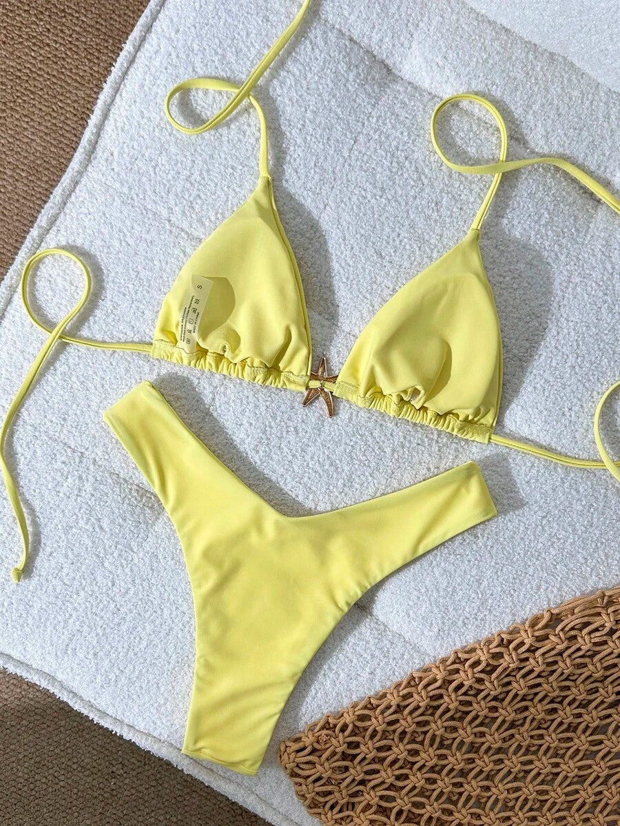Swim Vcay Women's Solid Color Spaghetti Strap Metal Decor Sexy Bikini Set, Summer