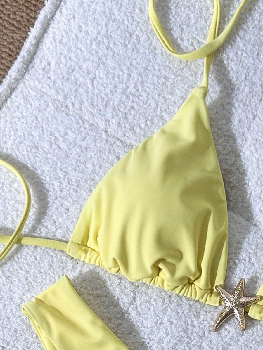 Swim Vcay Women's Solid Color Spaghetti Strap Metal Decor Sexy Bikini Set, Summer