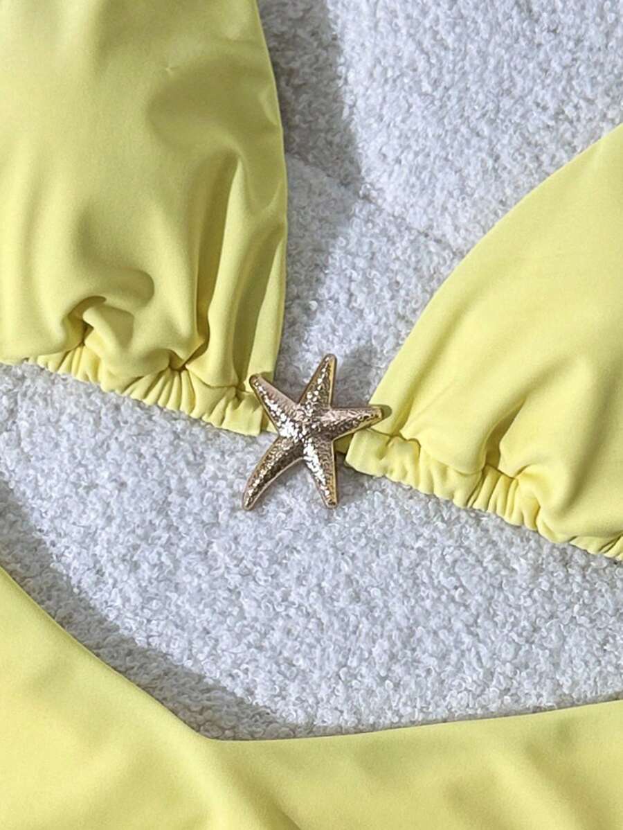 Swim Vcay Women's Solid Color Spaghetti Strap Metal Decor Sexy Bikini Set, Summer