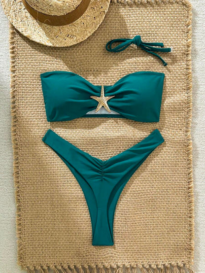 Swim Vcay Women's Solid Color Spaghetti Strap Starfish Metal Decor Sexy Bikini Set, Summer