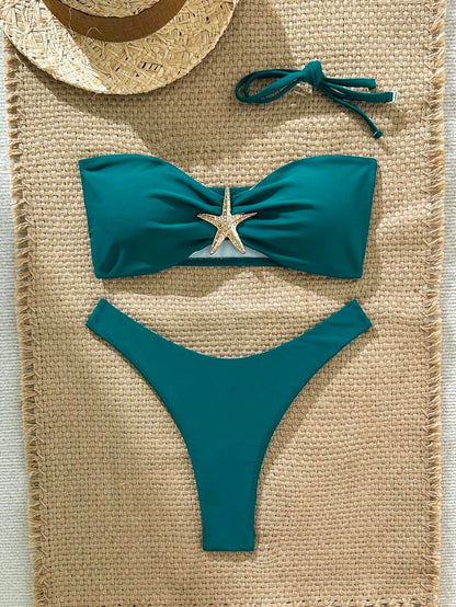 Swim Vcay Women's Solid Color Spaghetti Strap Starfish Metal Decor Sexy Bikini Set, Summer