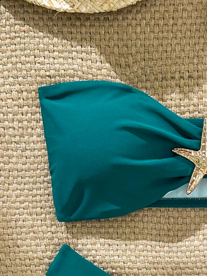 Swim Vcay Women's Solid Color Spaghetti Strap Starfish Metal Decor Sexy Bikini Set, Summer
