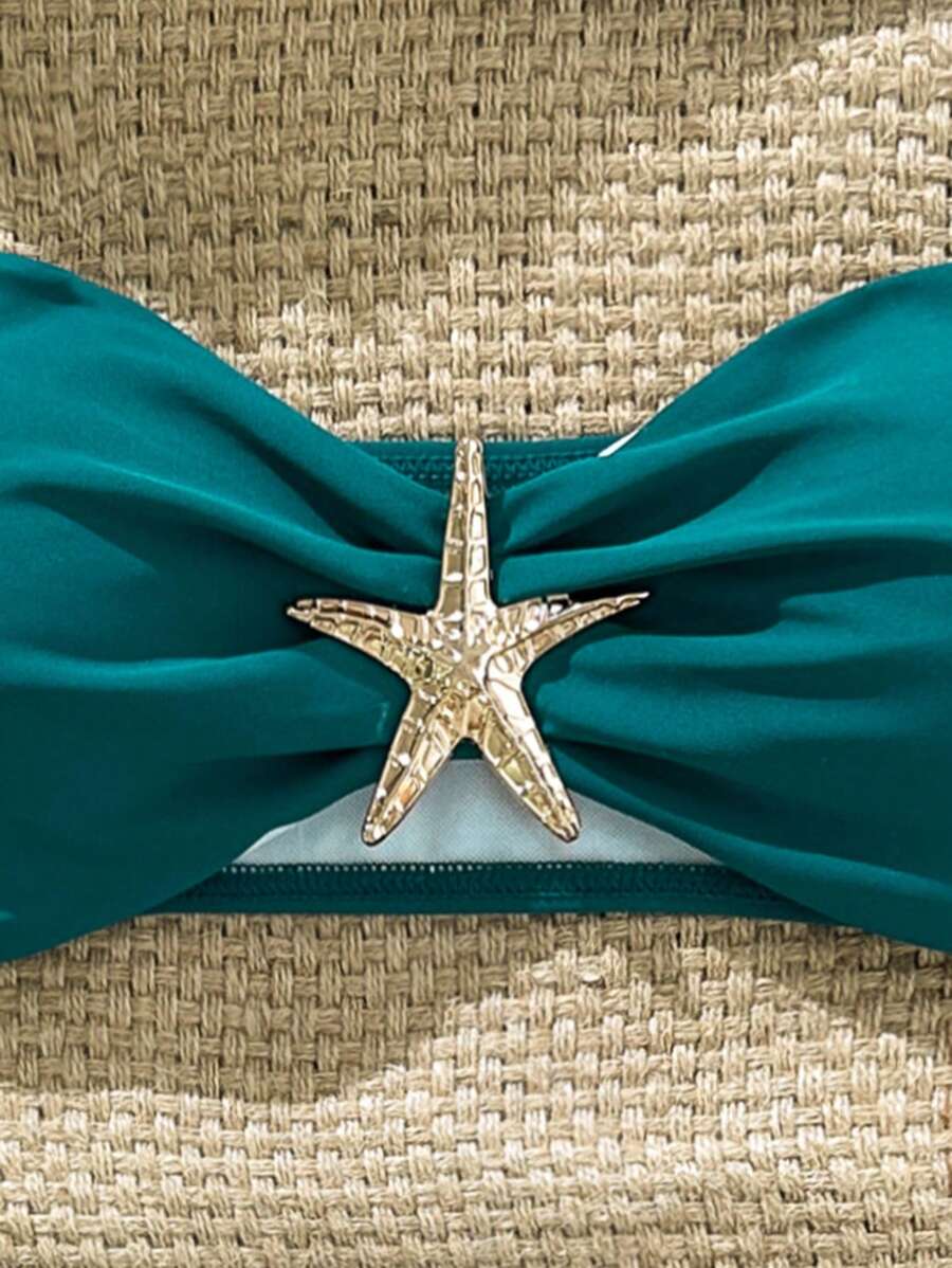 Swim Vcay Women's Solid Color Spaghetti Strap Starfish Metal Decor Sexy Bikini Set, Summer