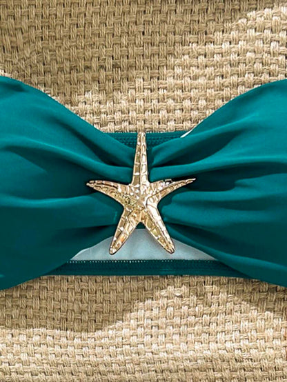 Swim Vcay Women's Solid Color Spaghetti Strap Starfish Metal Decor Sexy Bikini Set, Summer