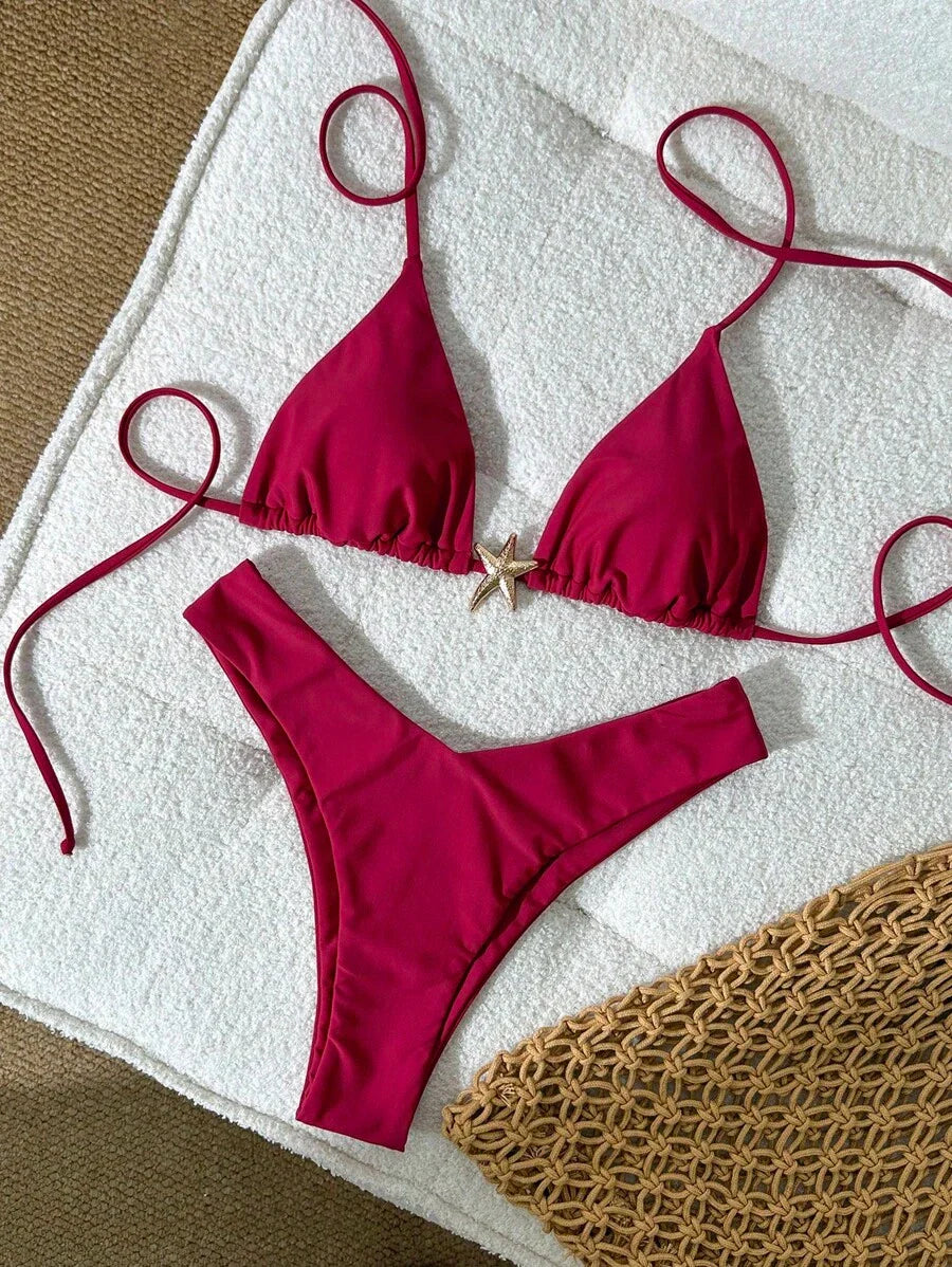 Swim Vcay Women's Solid Color Spaghetti Strap Metal Decor Sexy Bikini Set, Summer