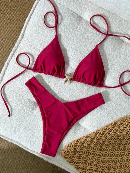 Swim Vcay Women's Solid Color Spaghetti Strap Metal Decor Sexy Bikini Set, Summer