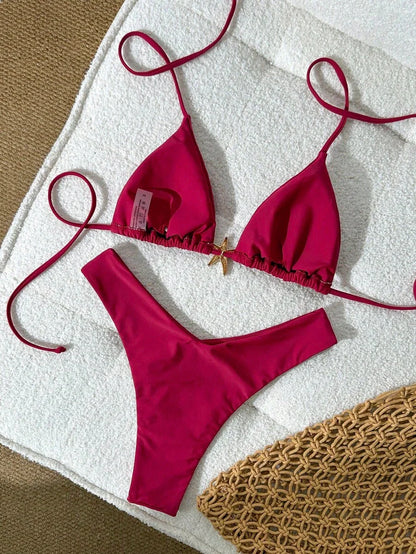 Swim Vcay Women's Solid Color Spaghetti Strap Metal Decor Sexy Bikini Set, Summer