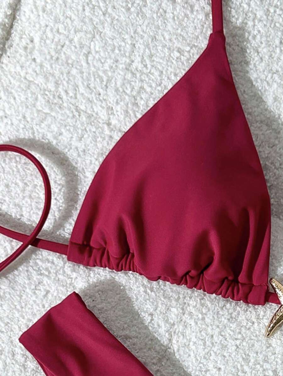 Swim Vcay Women's Solid Color Spaghetti Strap Metal Decor Sexy Bikini Set, Summer