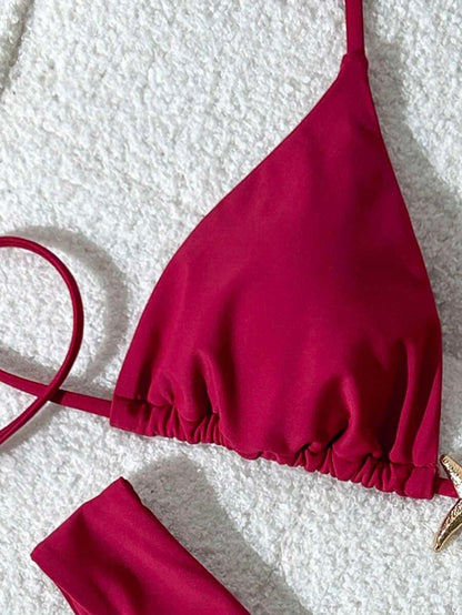 Swim Vcay Women's Solid Color Spaghetti Strap Metal Decor Sexy Bikini Set, Summer