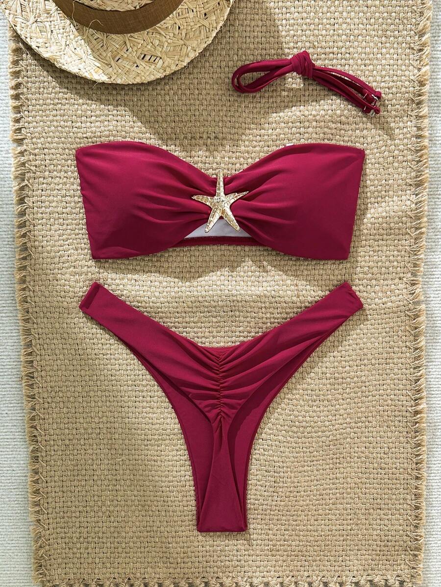 Swim Vcay Women's Solid Color Spaghetti Strap Starfish Metal Decor Sexy Bikini Set, Summer