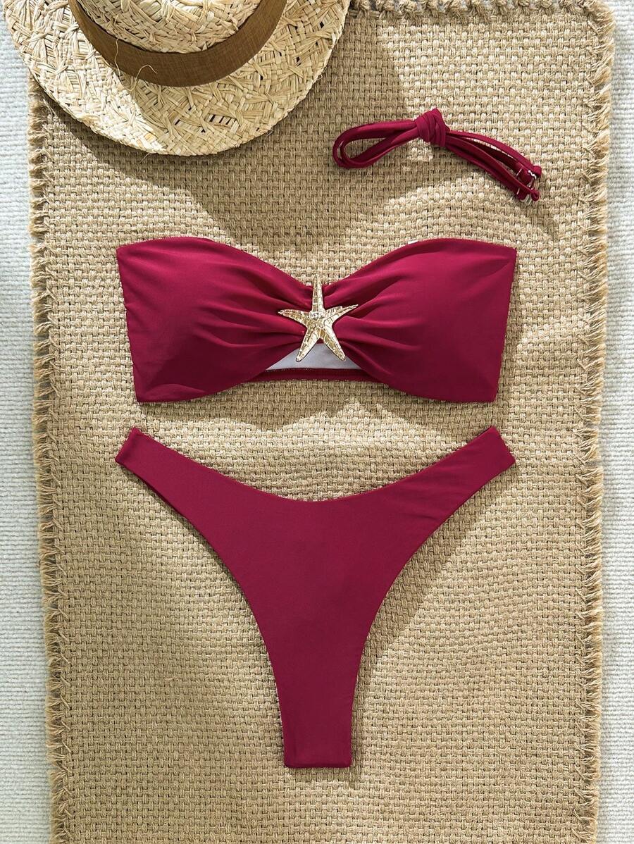 Swim Vcay Women's Solid Color Spaghetti Strap Starfish Metal Decor Sexy Bikini Set, Summer