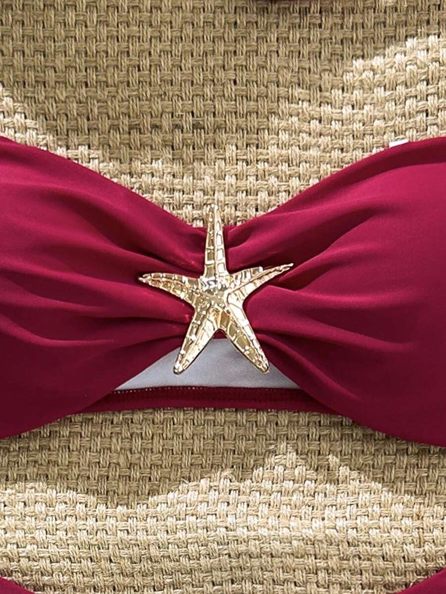Swim Vcay Women's Solid Color Spaghetti Strap Starfish Metal Decor Sexy Bikini Set, Summer