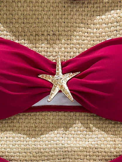 Swim Vcay Women's Solid Color Spaghetti Strap Starfish Metal Decor Sexy Bikini Set, Summer