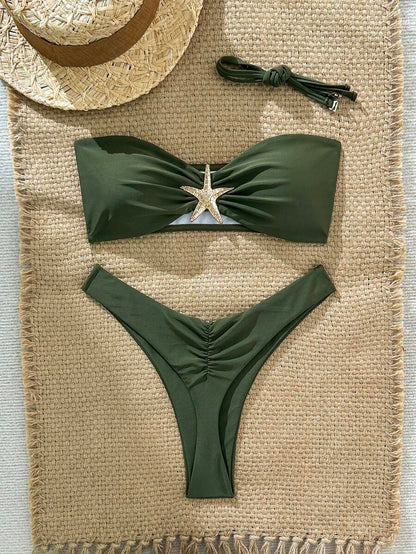 Swim Vcay Women's Solid Color Spaghetti Strap Starfish Metal Decor Sexy Bikini Set, Summer