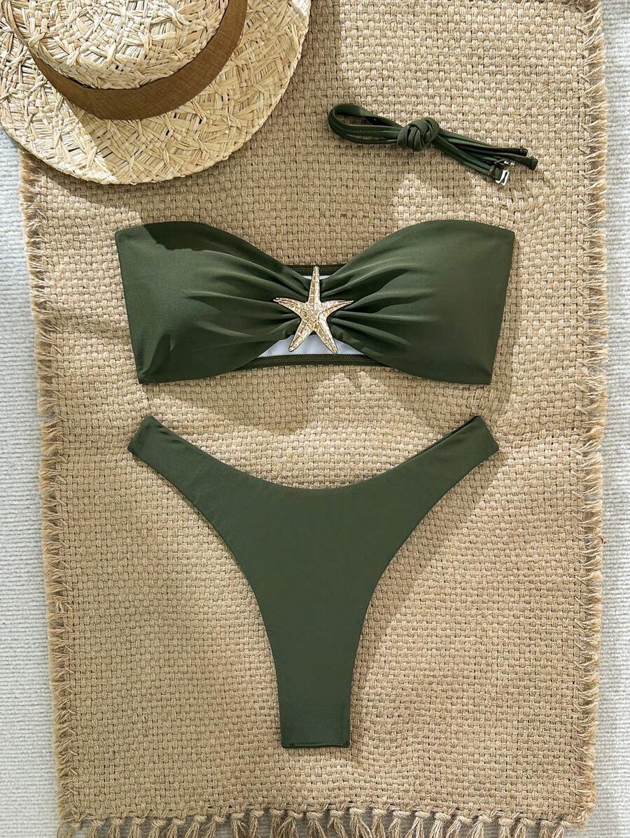 Swim Vcay Women's Solid Color Spaghetti Strap Starfish Metal Decor Sexy Bikini Set, Summer