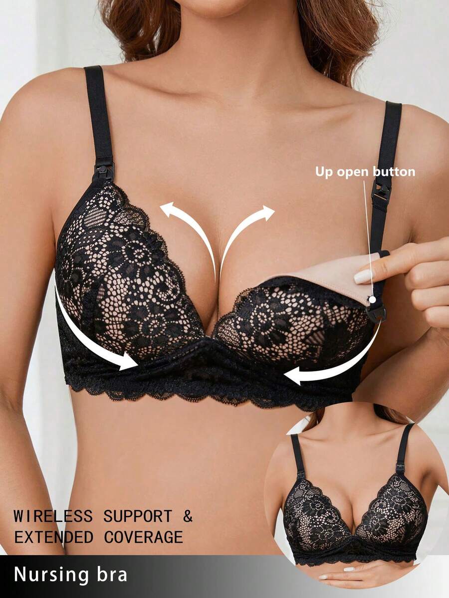 Maternity Lace Button Front Nursing Bra Women Elegant Solid Color Sexy Comfortable Breastfeeding Lingerie Bra