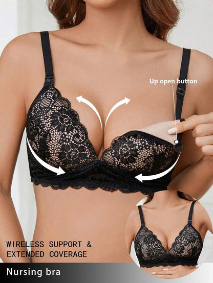 Elegant Brown Lace Nursing Bralette - Adjustable Strap Maternity Lingerie with Underwire Support and Medium Stretch