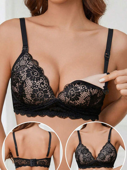 Elegant Brown Lace Nursing Bralette - Adjustable Strap Maternity Lingerie with Underwire Support and Medium Stretch