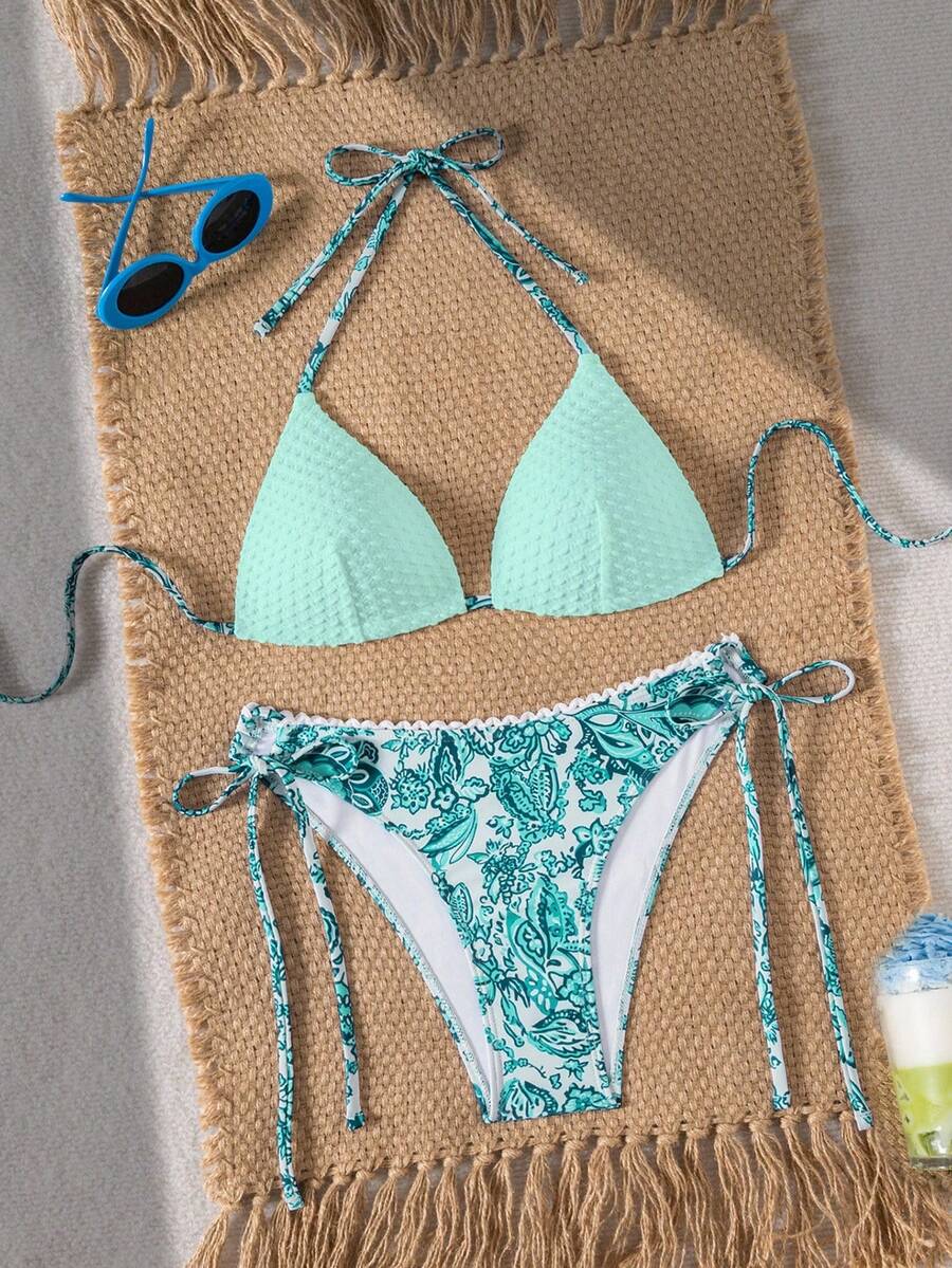 Swim Vcay 2pcs/Set New Summer Random Textured & Print Triangle Halter Bikini Swimwear With Floral Trim Decoration, Elegant Sexy Beach Vacation Pool Party Swimwear For Women