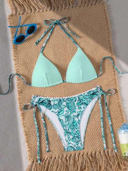 Swim Vcay 2pcs/Set New Summer Random Textured & Print Triangle Halter Bikini Swimwear With Floral Trim Decoration, Elegant Sexy Beach Vacation Pool Party Swimwear For Women