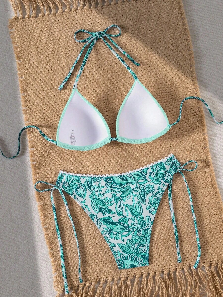 Swim Vcay 2pcs/Set New Summer Random Textured & Print Triangle Halter Bikini Swimwear With Floral Trim Decoration, Elegant Sexy Beach Vacation Pool Party Swimwear For Women