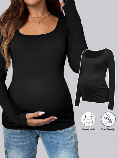 Maternity White Scoop Neck Long Sleeve Fitted T-Shirt - Slim Fit Knitted Pregnancy Top for Casual Daily Wear
