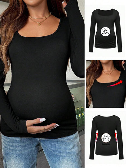 Maternity White Scoop Neck Long Sleeve Fitted T-Shirt - Slim Fit Knitted Pregnancy Top for Casual Daily Wear