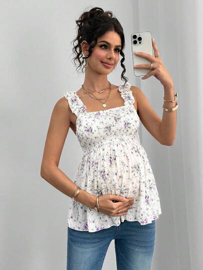 Maternity Boho A-Line Camisole - Floral Print, Wide Strap, Frill Trim, Mauve Purple