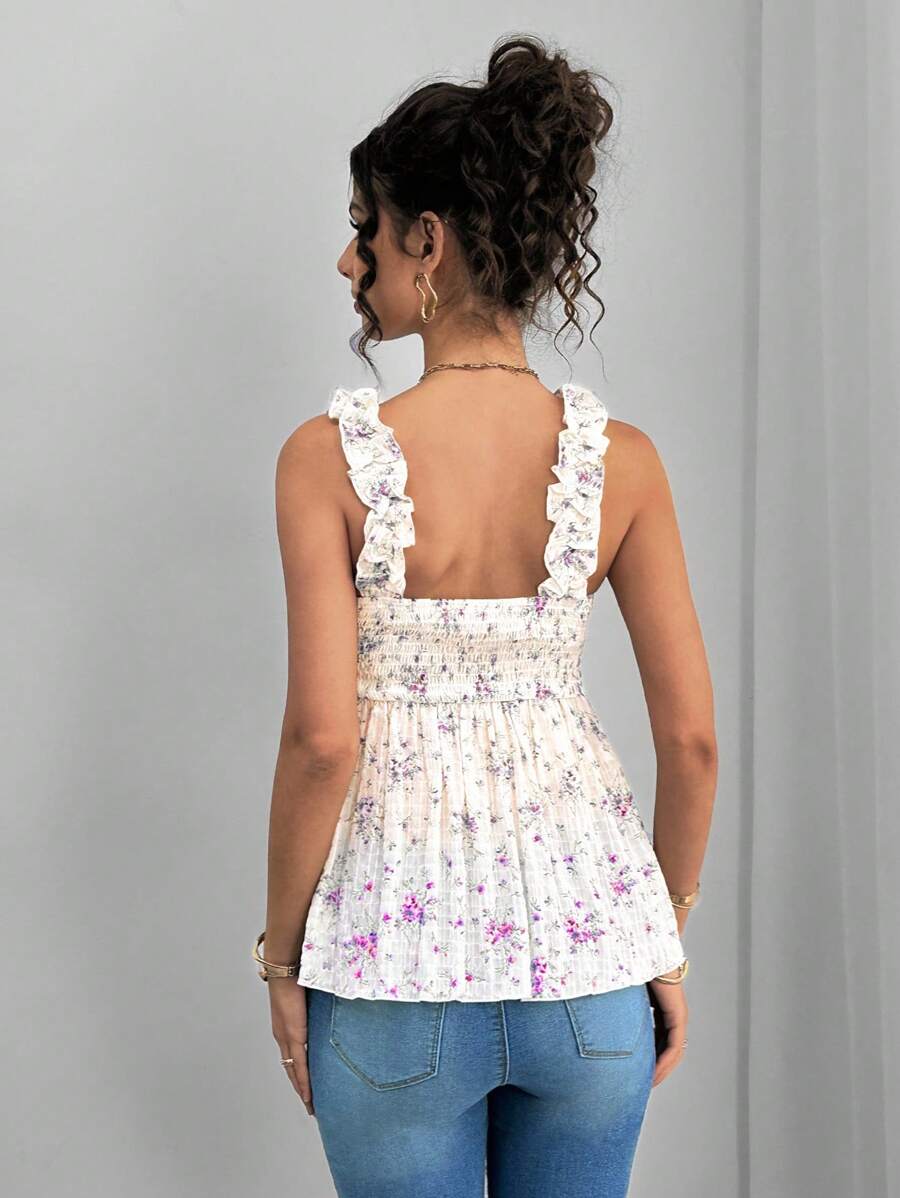 Maternity Blue and White Floral Frill Trim Camisole - Boho A-Line Sleeveless Wide Strap Beach Top