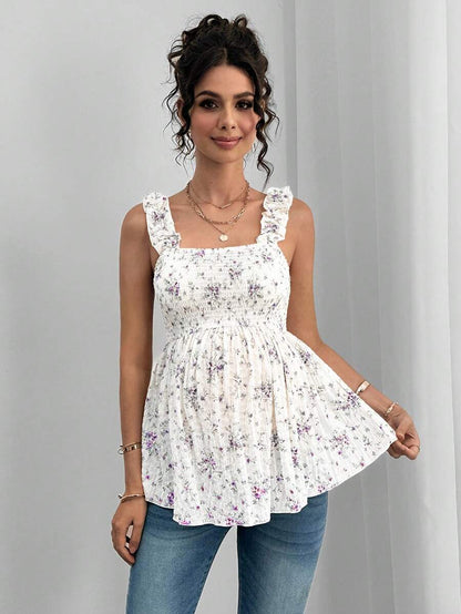 Maternity Boho A-Line Camisole - Floral Print, Wide Strap, Frill Trim, Mauve Purple