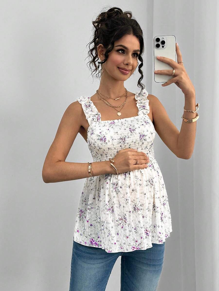 Maternity Boho Nursing Tank Top - Floral Print, Frill Trim, Wide Strap, Lilac Purple