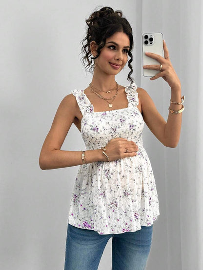 Maternity Boho A-Line Camisole - Floral Print, Wide Strap, Frill Trim, Mauve Purple