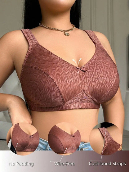 Plus Size Women's Jacquard Wireless Bra - Soft Sponge Adjustable Strap Bralette