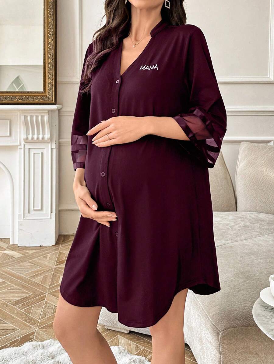 Maternity Dress - Chiffon Patchwork Half Sleeve Loose Fit Notched Neck Casual, Pregnancy Loungewear