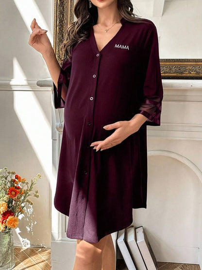 Maternity Dress - Chiffon Patchwork Half Sleeve Loose Fit Notched Neck Casual, Pregnancy Loungewear