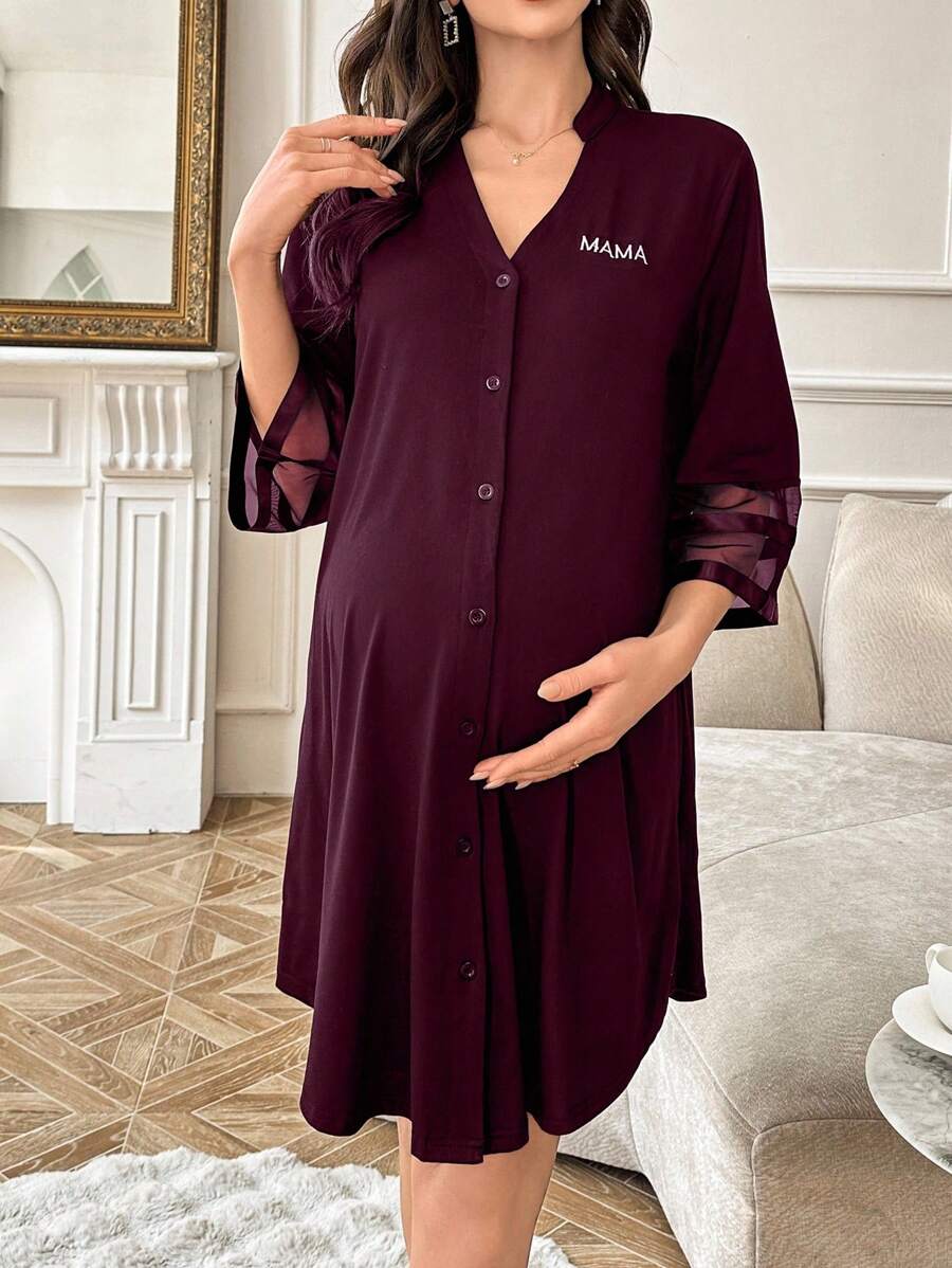 Maternity Dress - Chiffon Patchwork Half Sleeve Loose Fit Notched Neck Casual, Pregnancy Loungewear