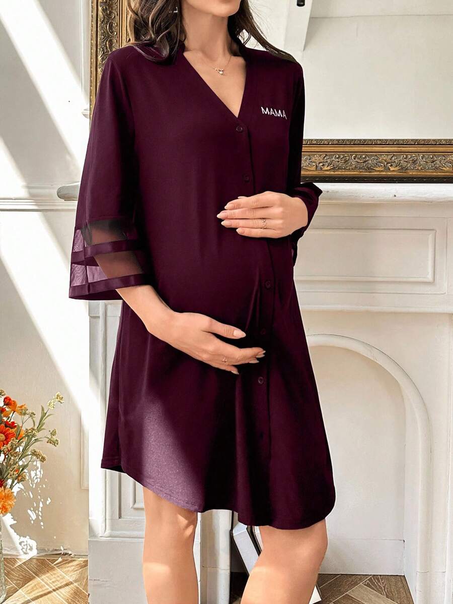 Maternity Dress - Chiffon Patchwork Half Sleeve Loose Fit Notched Neck Casual, Pregnancy Loungewear