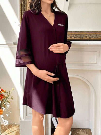 Maternity Dress - Chiffon Patchwork Half Sleeve Loose Fit Notched Neck Casual, Pregnancy Loungewear