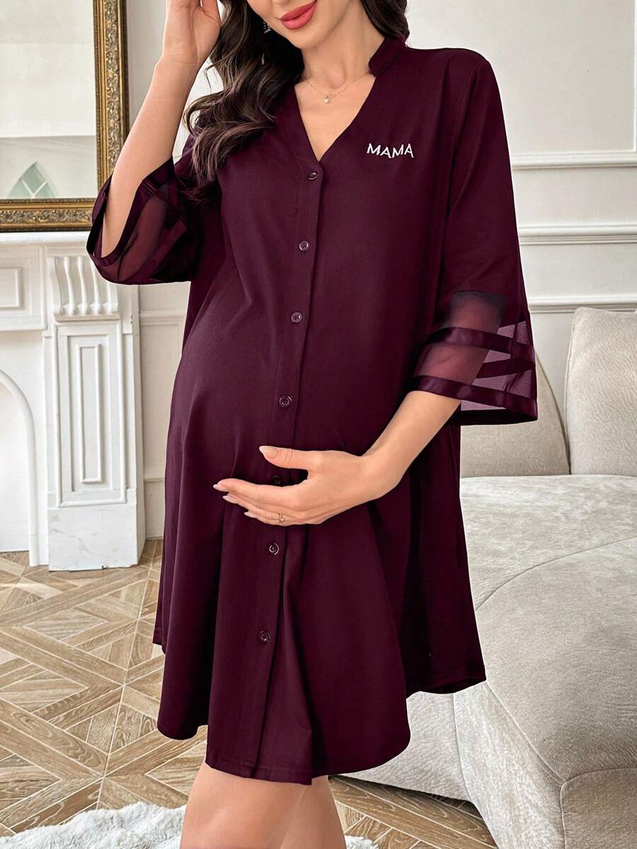 Maternity Dress - Chiffon Patchwork Half Sleeve Loose Fit Notched Neck Casual, Pregnancy Loungewear