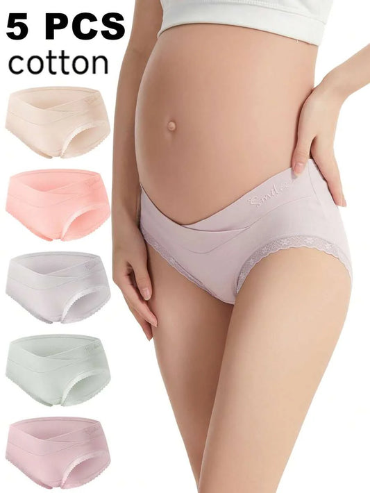 Maternity Underwear 5 Pack - Solid Color Soft Cotton Low-Waist Cross Abdominal Support, Pregnancy