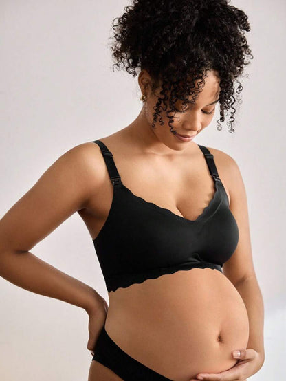 Maternity Nursing Bra - Solid Color Curved Hem Casual Wireless Breastfeeding, Everyday Support