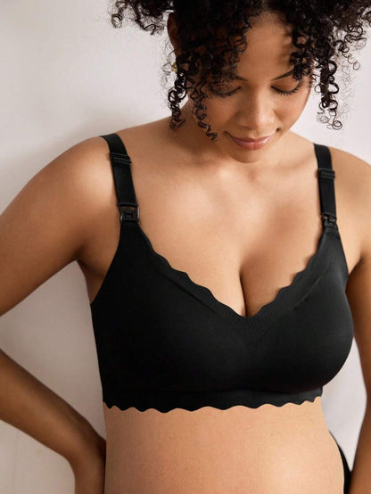 Maternity Nursing Bra - Solid Color Curved Hem Casual Wireless Breastfeeding, Everyday Support