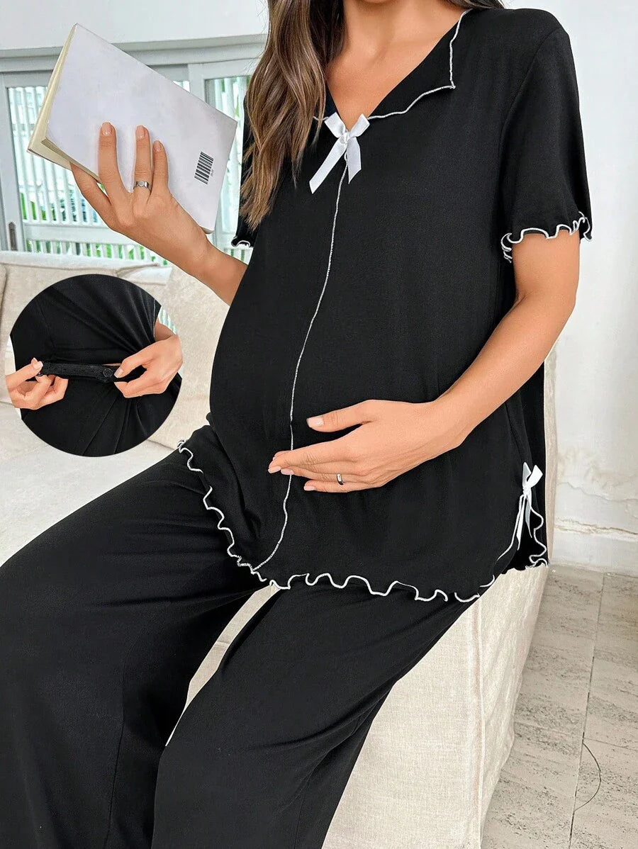 Black Milk Silk Maternity Pajama Set - Romantic Short Sleeve Top and Long Pants Sleepwear - 2 Piece Comfortable Bow Detail Loungewear