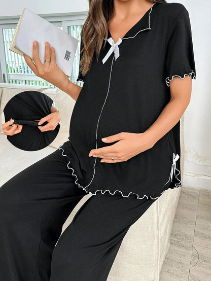 Black Milk Silk Maternity Pajama Set - Romantic Short Sleeve Top and Long Pants Sleepwear - 2 Piece Comfortable Bow Detail Loungewear
