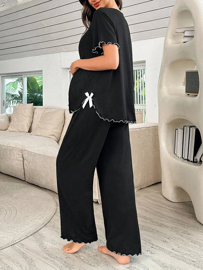 Black Milk Silk Maternity Pajama Set - Romantic Short Sleeve Top and Long Pants Sleepwear - 2 Piece Comfortable Bow Detail Loungewear